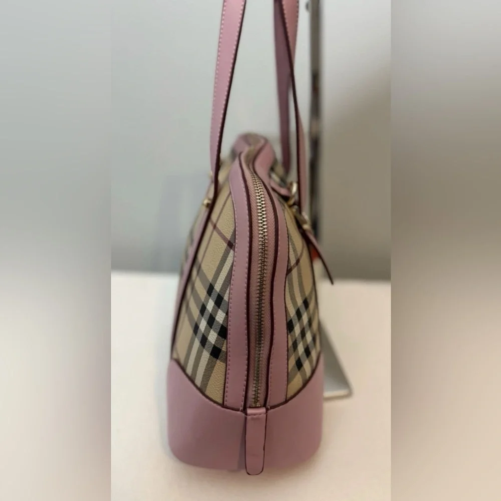 Plaid Dome Satchel Shoulder Bag Coated Canvas Pink Faux Leather Trim